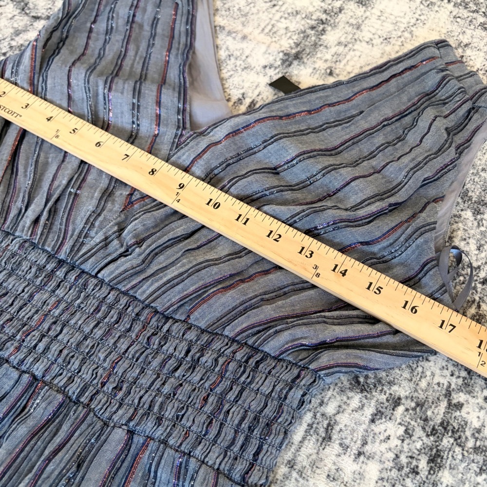INC Midi Shimmer Dress‎ Womens Blue Purple Striped Smocked Waist Metallic Slit - Picture 10 of 11